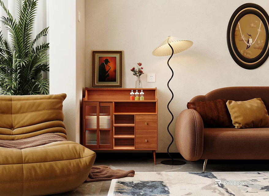Modern Wooden Console Table with Drawers Shelves Floor Lamp Green Plant and Decorative Painting 3d model 
