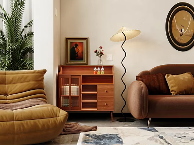Modern Wooden Console Table with Drawers Shelves Floor Lamp Green Plant and Decorative Painting 3d model