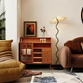 Modern Wooden Console Table with Drawers Shelves Floor Lamp Green Plant and Decorative Painting