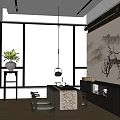 Modern Chinese Tea Room Interior With Landscape Painting Tea Sets And Wooden Stools