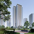 Modern High Rise Residential Buildings With Green Trees And Surrounding Landscape