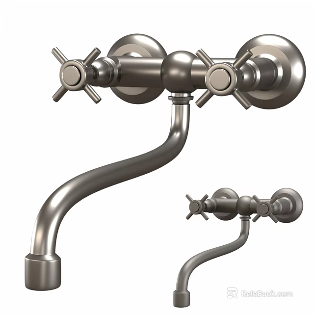 Wall Mounted Metal Faucets with Cross Handles and Curved Spout Design 3d model 