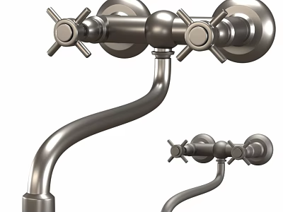 Wall Mounted Metal Faucets with Cross Handles and Curved Spout Design 3d model