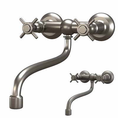 Wall Mounted Metal Faucets with Cross Handles and Curved Spout Design 3d model