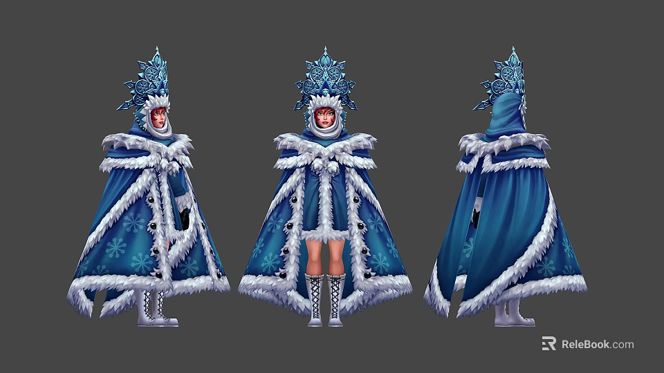 Woman In Blue Cape With Snowflake Patterns Ice Crystal Hat And White Fur Trim 3d model 