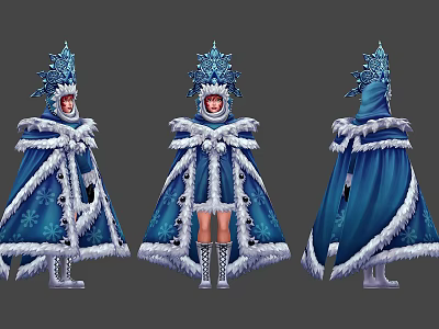 Woman In Blue Cape With Snowflake Patterns Ice Crystal Hat And White Fur Trim 3d model