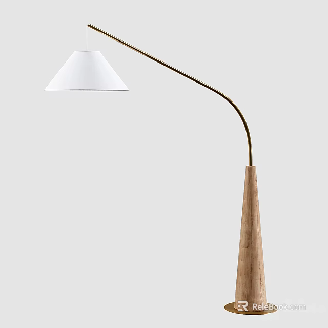Modern Minimalist Floor Lamp With White Cone Shade And Curved Wooden Pole 3d model 