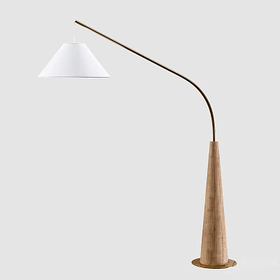 Modern Minimalist Floor Lamp With White Cone Shade And Curved Wooden Pole 3d model