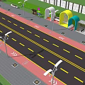 Municipal Road Featuring Pink Bike Path Bike Station Greenery Street Lights And Vehicles