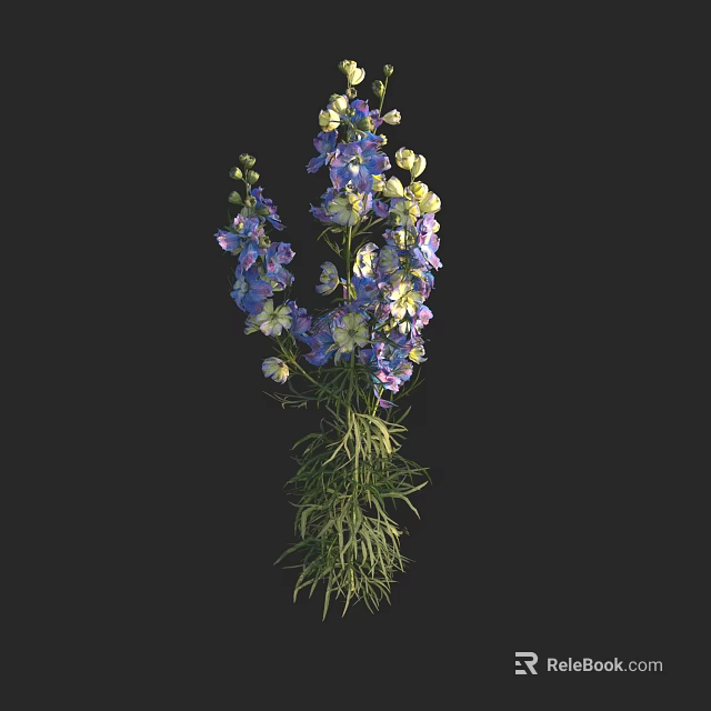 Beautiful Blue And White Flower Blooms With Green Stems And Leaves 3d model 