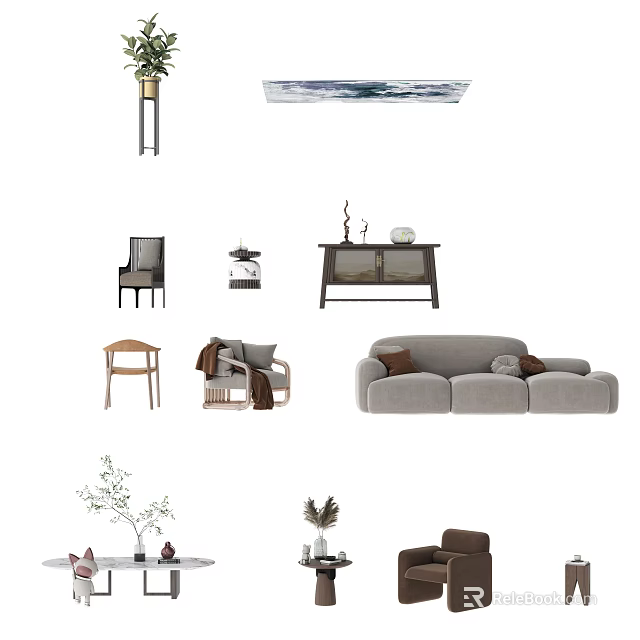 Modern Light Gray Sofa Coffee Table Set With Throw Pillows And Decorative Plants 3d model