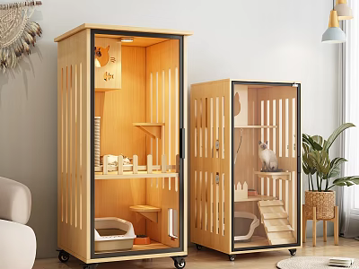 Wooden Pet Display Cages On Wheels With Glass Doors And Interior Cat Supplies 3d model