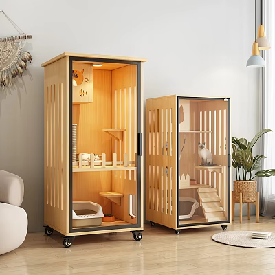 Wooden Pet Display Cages On Wheels With Glass Doors And Interior Cat Supplies 3d model