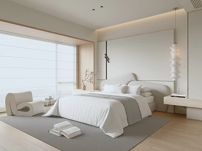 Modern Bedroom Interior Design With Large Bed White Bedding Gray Accents And Light Wood Flooring 3d model