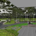 Modern Residential Entrance Gate Surrounded by High-Rise Buildings Trees Lawn Paths and Leisure Chairs
