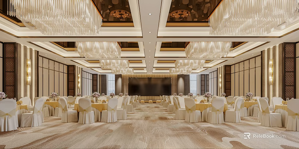 Elegant Banquet Hall Interior With Crystal Chandeliers And Neatly Arranged Tables 3d model 