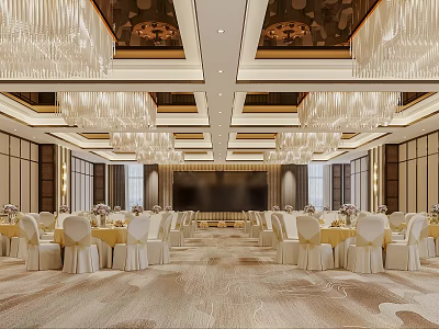Elegant Banquet Hall Interior With Crystal Chandeliers And Neatly Arranged Tables 3d model