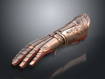Intricate Carved Copper Metallic Gauntlet With Decorative Patterns And Metallic Details 3d model