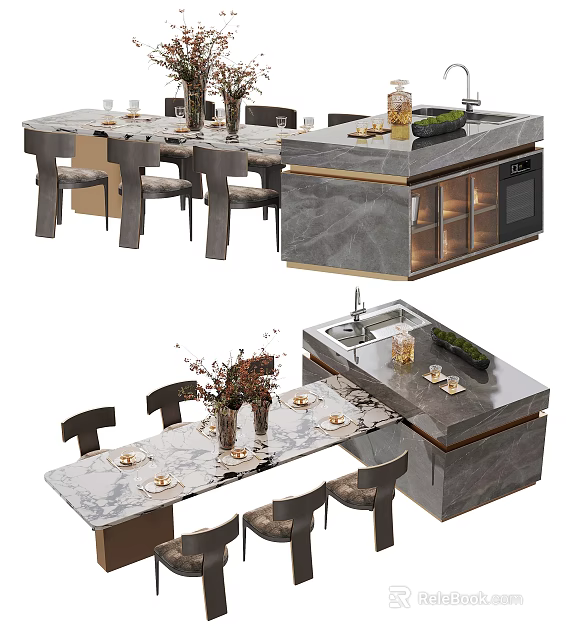 Elegant Dining Table Set With Marble Top Matching Chairs And Decorative Vases 3d model 