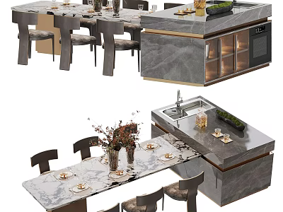 Elegant Dining Table Set With Marble Top Matching Chairs And Decorative Vases 3d model