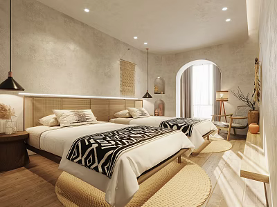 Hotel Guest Room Interior With Twin Beds Black White Bedding Arched Window And Textured Walls 3d model