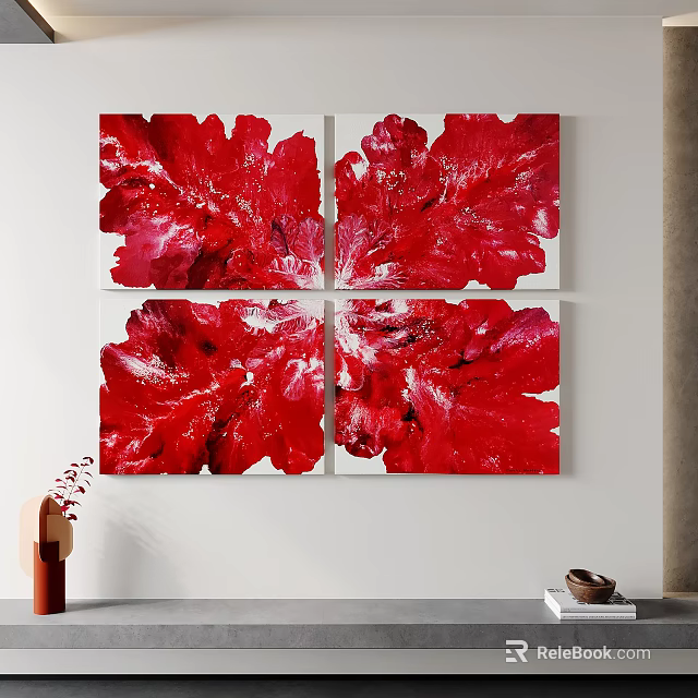 Modern Red Floral Abstract Canvas Quadriptych Wall Art Decor For Home 3d model