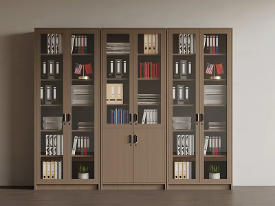 Wooden Storage Cabinet with Multiple Compartments Holding Books Folders and Potted Plants Modern Style 3d model