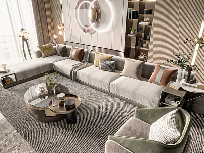Modern Luxury Sofa And Round Coffee Table Set With Decorative Pillows Wall Mirror And Plants 3d model
