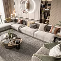 Modern Luxury Sofa And Round Coffee Table Set With Decorative Pillows Wall Mirror And Plants