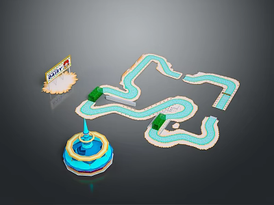 Scenic Water Landscape Featuring Winding Blue Channels Green Structures And Start Sign 3d model