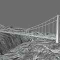 Suspension Bridge With Steel Cables Spanning Canyon Terrain Under Cloudy Sunset Sky