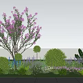 Lush Garden Shrubs With Pink Flowering Tree Green Lawn And Paved Pathway