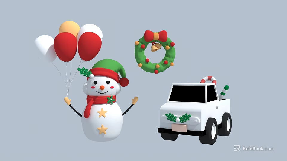 Christmas Decorative Elements With Snowman Green Hat Red White Yellow Balloons Wreath And White Car 3d model 