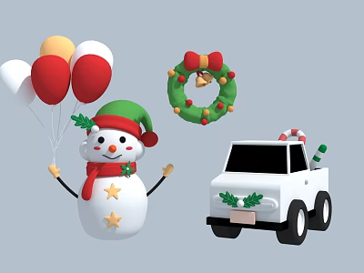 Christmas Decorative Elements With Snowman Green Hat Red White Yellow Balloons Wreath And White Car 3d model
