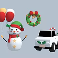 Christmas Decorative Elements With Snowman Green Hat Red White Yellow Balloons Wreath And White Car