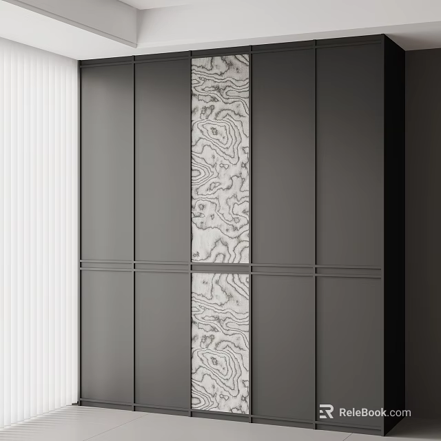 Modern Dark Wardrobe Design With Patterned Central Panel And Sleek Structure 3d model 