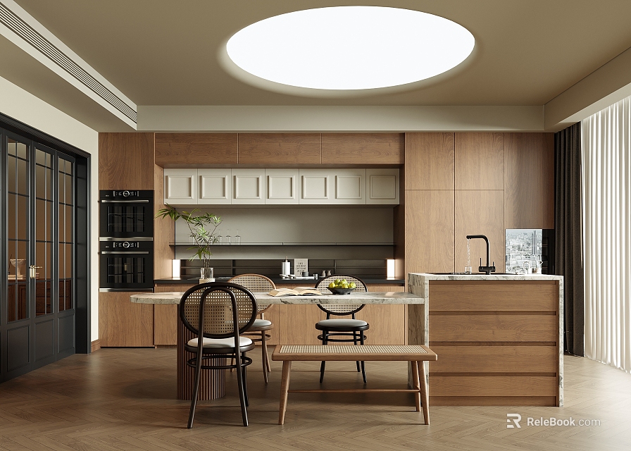 Modern Restaurant Interior With Wooden Cabinets Round Skylight Island Counter And Dining Table Chairs 3d model 
