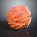Orange Spherical Sculpture with Undulating Surface Texture and Warm Earthy Tones on Dark Reflective Background