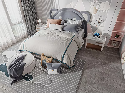 Cute Elephant Shaped Children's Bed With Soft Pillows Gray Bedding and Cloud Wall Decor 3d model