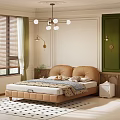 Modern Bedroom Interior With Beige Round Padded Headboard Slatted Mattress Base And Wall Lamps