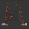 Three Red Construction Cranes With Central Main Structure And White Base Pedestals 3d model