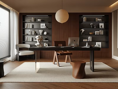 Modern Study Room Interior With Bookshelves Desk Laptop Sculpture And Pendant Light 3d model