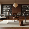 Modern Study Room Interior With Bookshelves Desk Laptop Sculpture And Pendant Light