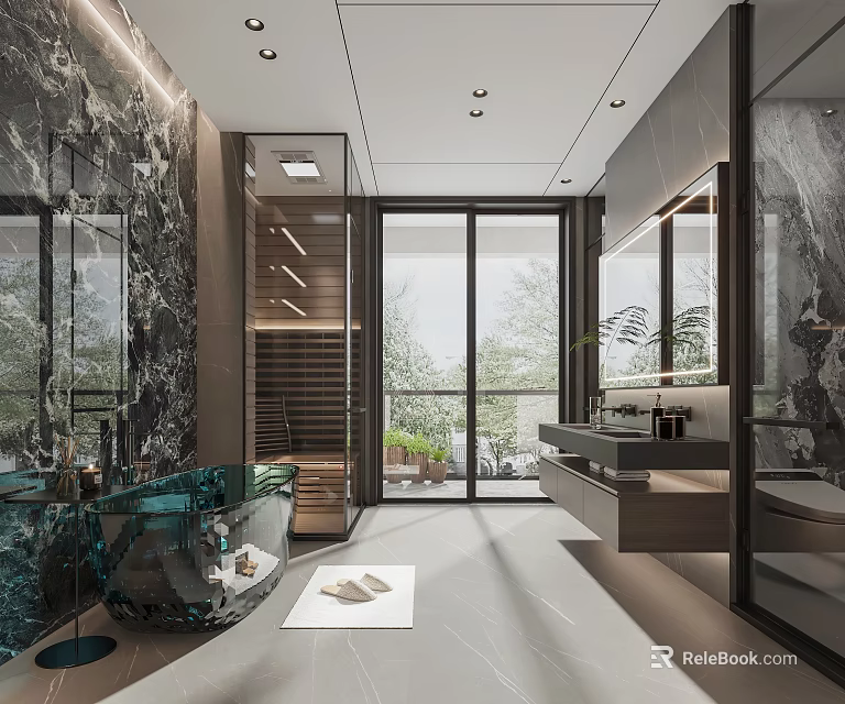 Luxurious Modern Bathroom Interior With Marble Walls Glass Shower Double Vanity Bathtub And Outdoor Greenery View 3d model 
