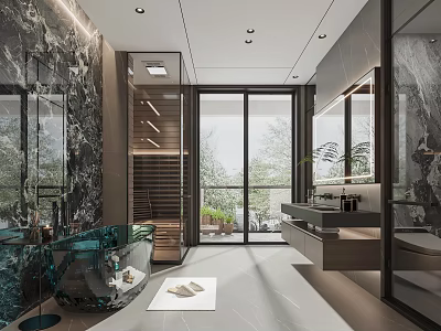Luxurious Modern Bathroom Interior With Marble Walls Glass Shower Double Vanity Bathtub And Outdoor Greenery View 3d model