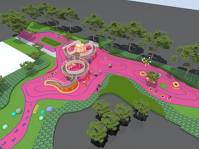 Colorful Children's Playground With Pink Ground Curved Pathways Circular Play Structure And Surrounding Trees 3d model
