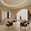 Modern Office Interior With Arched Window Circular Ceiling Light Desk Office Chair And Green Plant