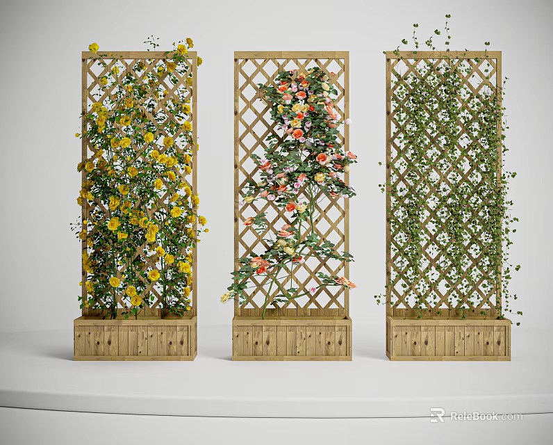 Lush Decorative Vines on Wooden Lattice Trellis with Yellow Pink and Green Flowers 3d model 