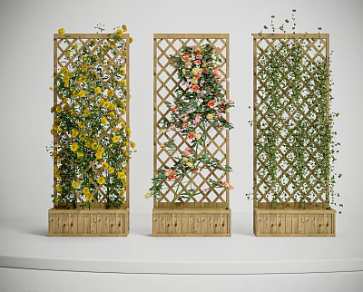 Lush Decorative Vines on Wooden Lattice Trellis with Yellow Pink and Green Flowers 3d model