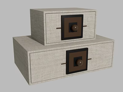 Light Gray Linen Storage Boxes With Square Brown Accents And Round Knobs 3d model